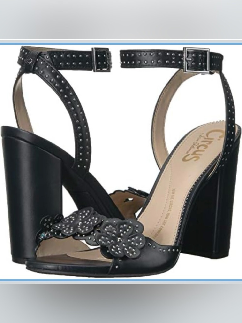 Circus by Sam Edelman Merle Studded Floral Ankle Strap Block Heeled Black Sandal